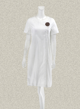 法路INA 正品 不对称印花明线装饰白色女夏秋棉质微弹连衣裙 0958