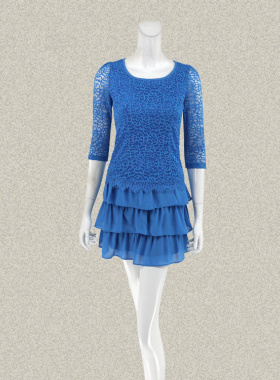 尚MORE 正品 荷叶边七分袖清新蓝色女春夏蕾丝连衣裙蛋糕裙 CY206