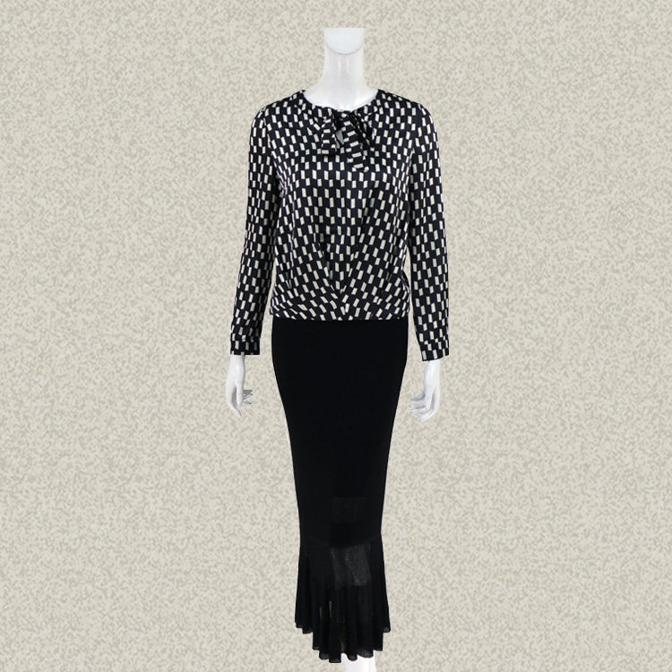 卡迪DL 正品 蝴蝶结领黑白印花压百褶遮肚女夏秋上衣 AGF231503