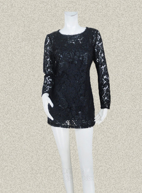 C*fon 正品 贴布绣花夹亮丝淑女夏秋黑色两件套修身蕾丝上衣CA437