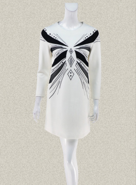 新!尚MORE 正品 黑白配绣花亮片女春秋H型棉弹针织连衣裙SRVQY088