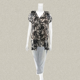 桑蚕丝上衣 雅致水墨风印花荷叶领两件套女夏季 411103A 正品 裘TN