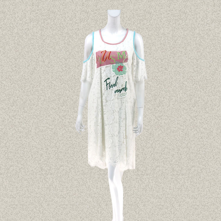 森系列P*US ME 正品 印花烫钻露肩喇叭袖宽松女夏蕾丝连衣裙 D293