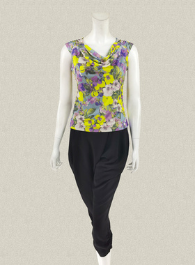 丝fu卡 正品 荡领甜美印花修身百搭女夏秋弹力针织背心上衣125020