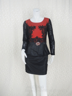 蕾丝针织拼色桑蚕丝梭织荷叶边女秋连衣裙LA151 专柜正品 fon