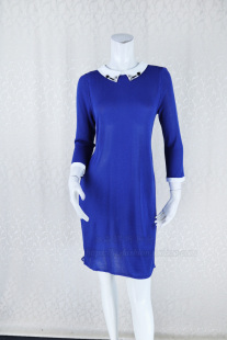 百褶雪纺拼接钉珠娃娃领七分袖 fon 针织女春秋连衣裙TB328 新