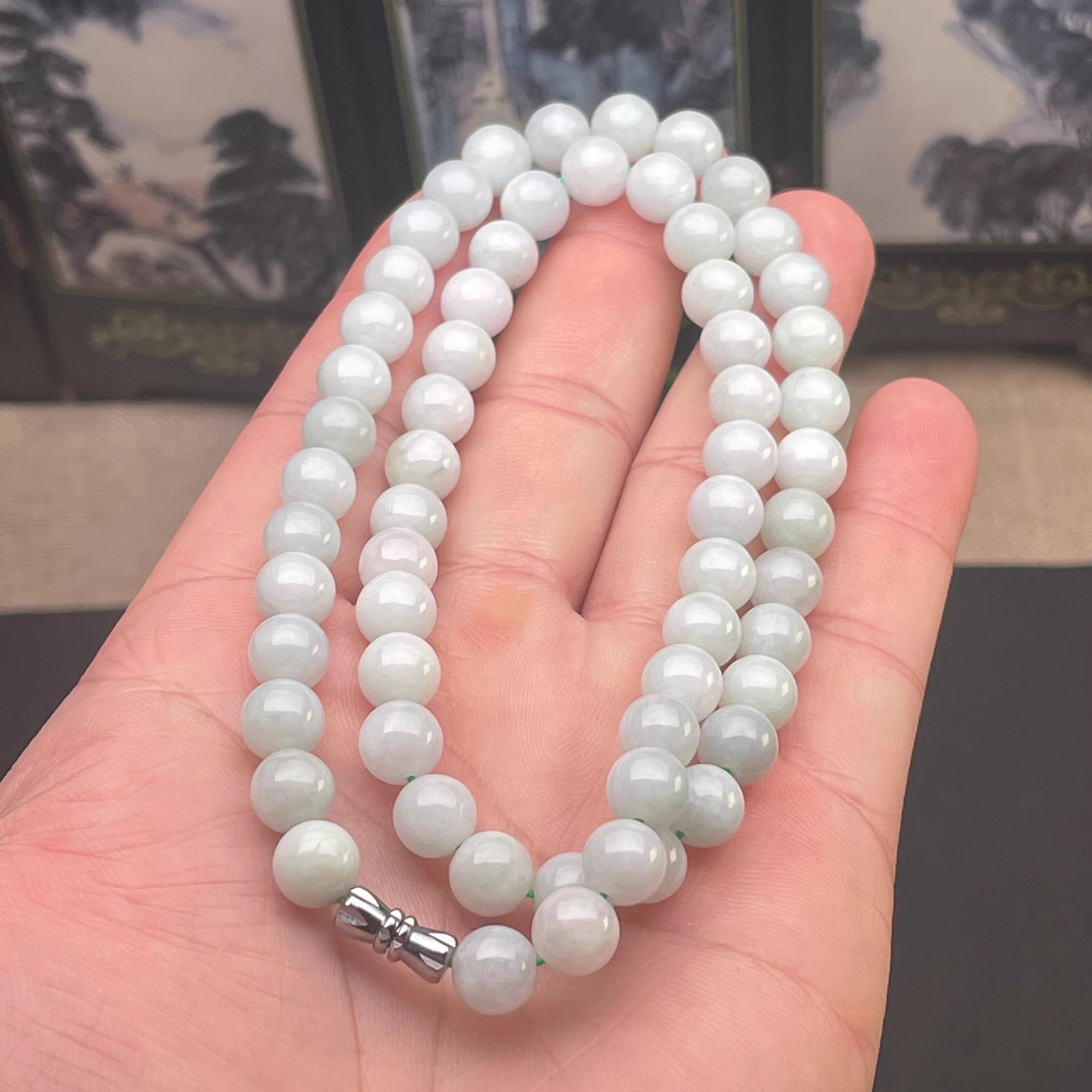 隆慈缘原矿翡翠A货8mm冰糯种项链