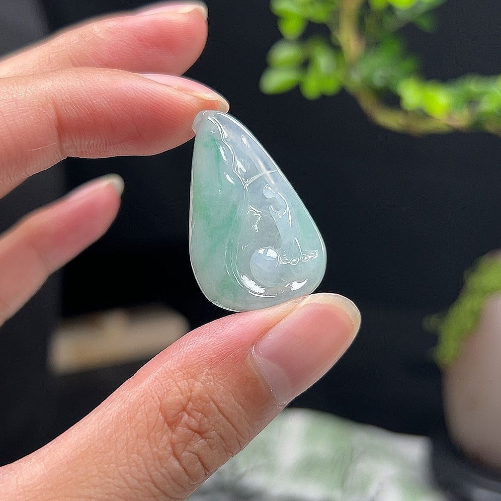 H天然缅甸A货翡翠吊坠老坑冰种飘绿花悟道项坠意境感挂件冰起胶感