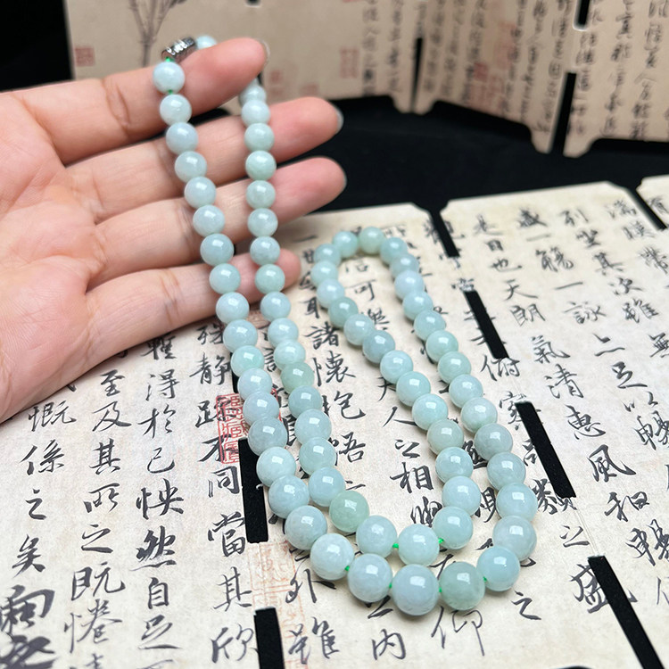 隆慈缘直销原矿缅甸翡翠A货淡绿冰糯种项链8MM圆珠链子珠链保真