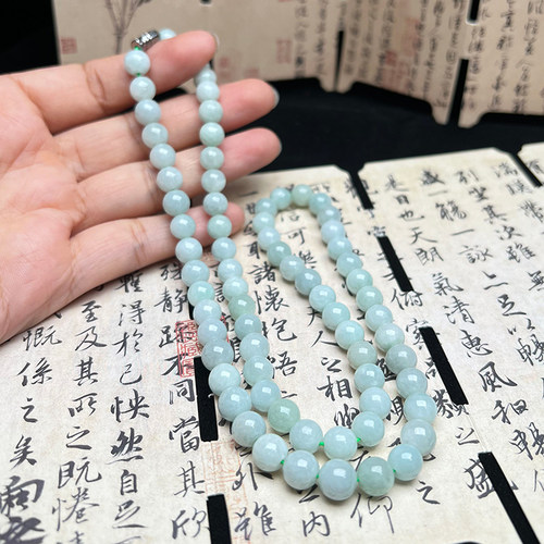 隆慈缘直销原矿缅甸翡翠A货淡绿冰糯种项链8MM圆珠链子珠链保真