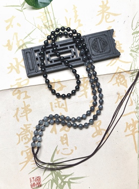 隆慈缘翡翠A货缅甸玉乌鸡7.5mm乌鸡圆珠挂链吊坠链毛衣挂链61厘米