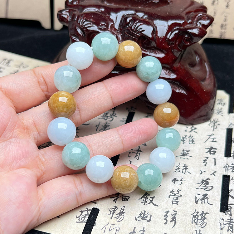 隆慈缘A货缅甸冰糯三彩翡翠手串