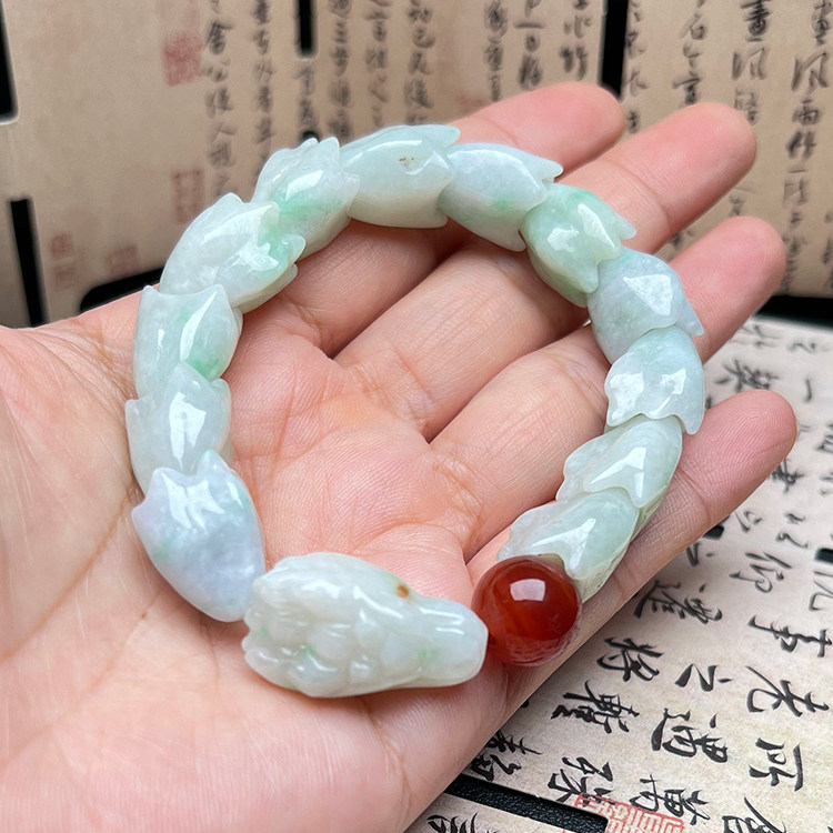 隆慈缘缅甸A货冰糯翡翠龙头手串