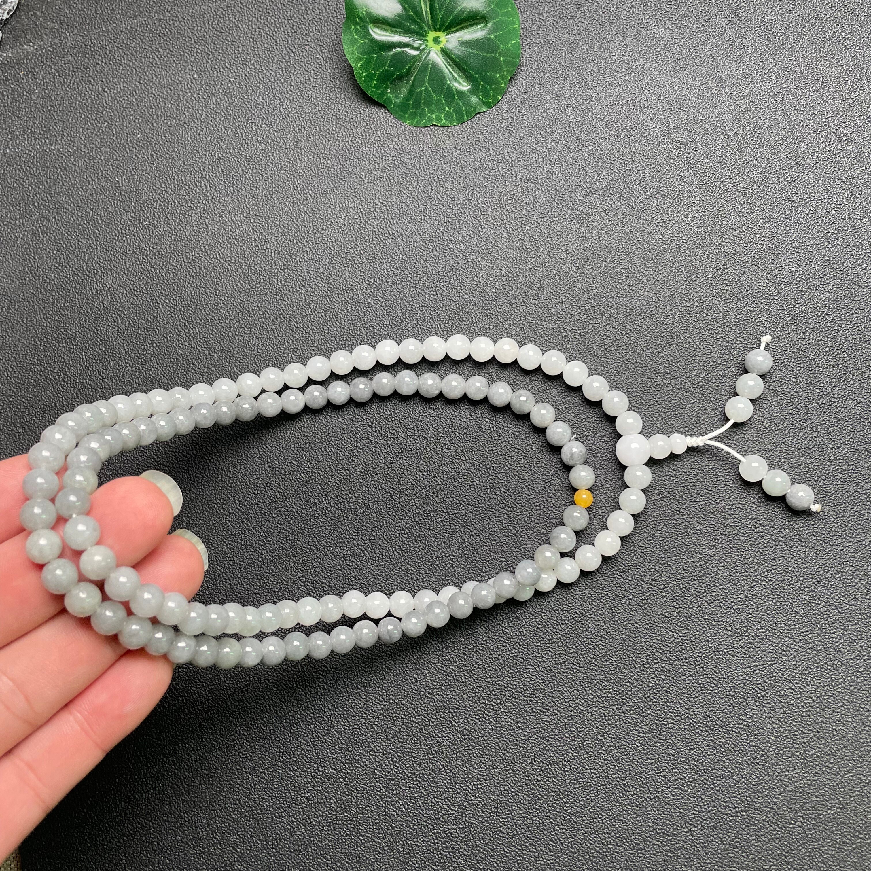 隆慈缘原矿A货翡翠7mm冰糯种灰乌鸡渐变108颗佛珠脖挂多圈手串