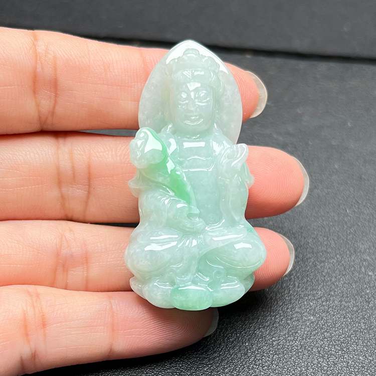 隆慈缘产地直销原矿缅甸翡翠A货观音吊坠冰糯种跑翠绿玉观音挂件