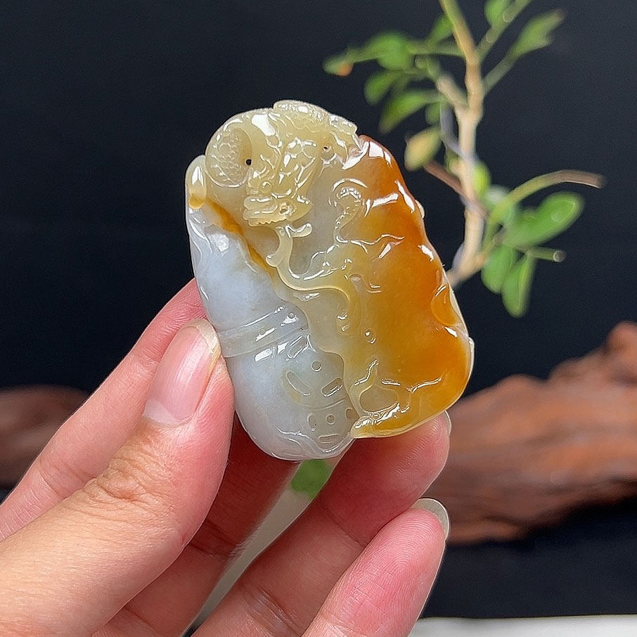 H天然老坑冰透红黄翡玉石玉佩缅甸A货翡翠龙凤呈祥吊坠起胶感质地