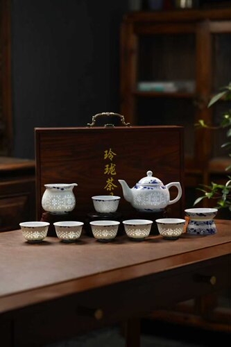 促销价景德镇陶瓷茶杯主人品茗杯功夫青花10件套玲珑茶具礼品套装