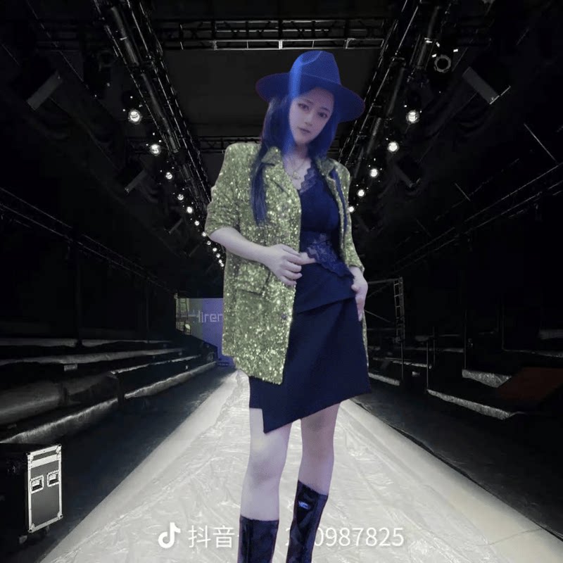 2024新款高端定制女士绿色亮片西装黑色斜肩短裙主持演出礼服