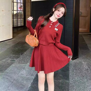韩版ulzzang秋季新款法式气质时尚翻领针织撞色上衣+半身裙套装女