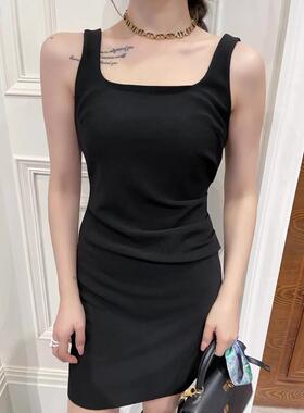 韩国ulzzang早春新款MI2法式气质一字领露高腰背性感吊带连衣裙女