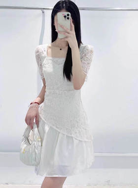 韩版ulzzang夏季新款法式气质时尚方领钉珠高腰拼接蕾丝连衣裙女