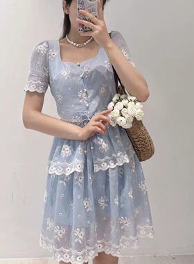 韩版ulzzang夏季新款法式气质时尚翻领蕾丝刺绣上衣+半身裙套装女