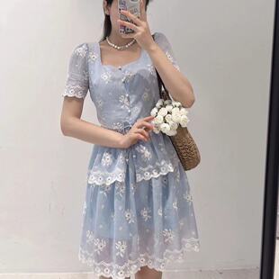 韩版ulzzang夏季新款法式气质时尚翻领蕾丝刺绣上衣+半身裙套装女