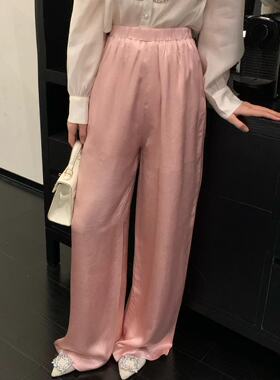 韩国ulzzang早春新款法式气质时尚新中式盘扣缎面提花休闲阔腿裤