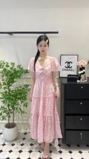 韩版ulzzang夏季新款法式气质时尚一字领露肩系带泡袖碎花连衣裙