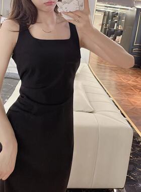 韩国ulzzang夏季新款法式气质时尚方领腰显瘦无袖背心吊带连衣裙