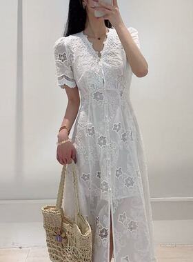 韩版ulzzang夏季新款法式气质时尚V领单排扣拼接刺绣蕾丝连衣裙女