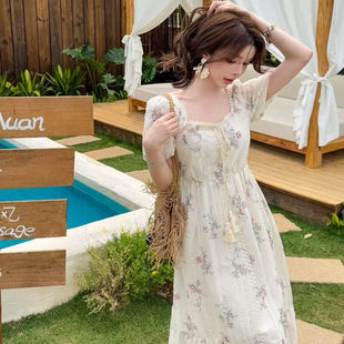 韩版ulzzang夏季新款法式气质时尚方领系带收腰显瘦碎花连衣裙女