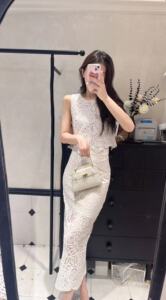 韩版ulzzang夏季新款法式气质时尚圆领钉珠系带上衣+半身裙套装女