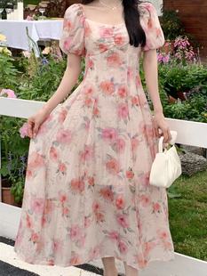 气质时尚 韩国ulzzang夏季 新款 法式 一字领露肩高腰显瘦碎花连衣裙