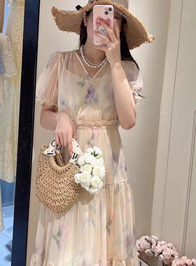 韩版ulzzang夏季新款法式气质时尚V领高腰显瘦短袖网纱碎花连衣裙