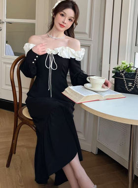 韩版ulzzang早春新款法式气质时尚一字肩系带荷边叶拼接连衣裙女