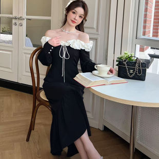 韩版ulzzang早春新款法式气质时尚一字肩系带荷边叶拼接连衣裙女