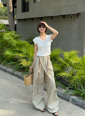 Monkey Studio 自制复古潮流经典显瘦腰带装饰高科技面料阔腿长裤