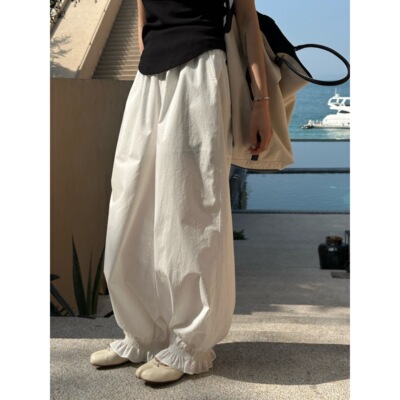 质感纯色奶油感花边阔腿小白裤