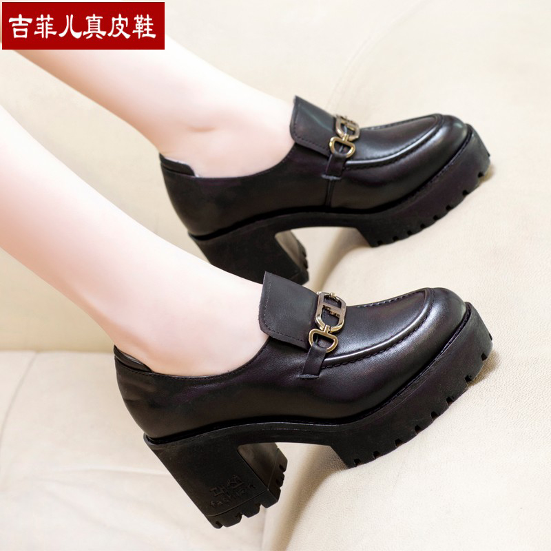 真皮高跟单鞋英伦风粗跟内外全皮