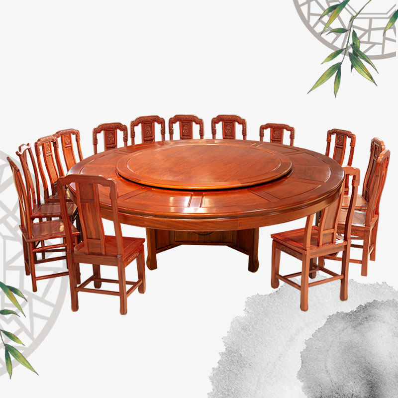 餐桌椅餐客厅酒店民宿中式红木全实木雕花餐台大圆桌台子东阳厂家
