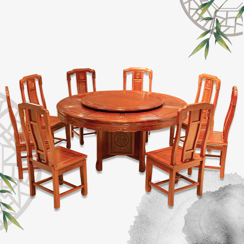 餐桌椅餐客厅酒店民宿中式红木全实木雕花餐台大圆桌台子东阳厂家