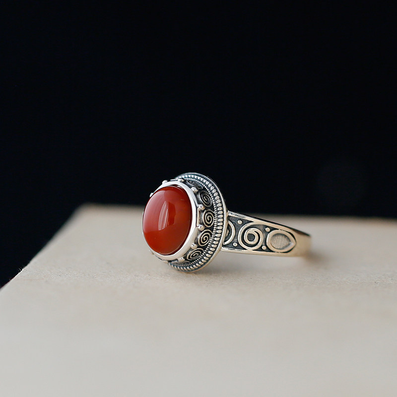 【红豆】S925纯银镶嵌南红玛瑙椭圆形指环小众设计开口戒指指环