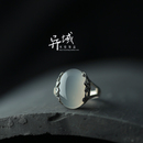 泰银S925纯银饰品 手工镶嵌 水润 白玉髓雕花复古风戒指指环