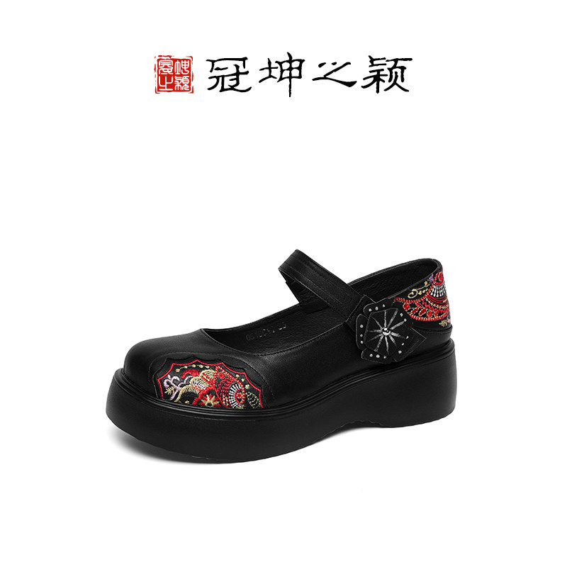春秋新款刺绣图腾中国风民族风真皮坡跟厚底松糕底宽松女鞋妈妈鞋