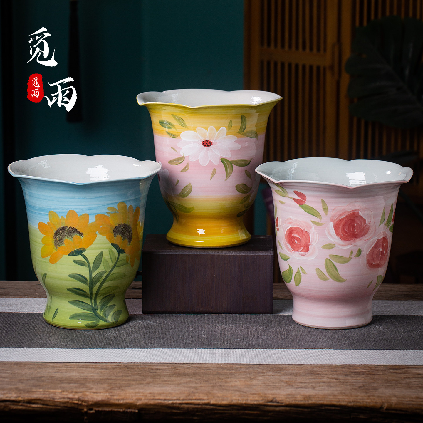 手绘酒杯款花盆大口径插花花器