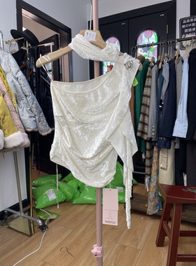 AP挂脖白色丝绒蕾丝上衣大码