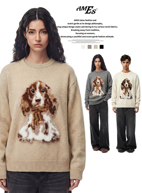 AMES 潮牌国潮美式「毛绒绒小狗提花毛衣」宽松仿貂毛针织衫男女