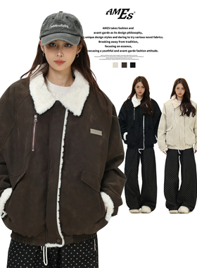 AMES 潮牌国潮美式「翻领羔羔毛PU皮外套」宽松加绒保暖夹克男女
