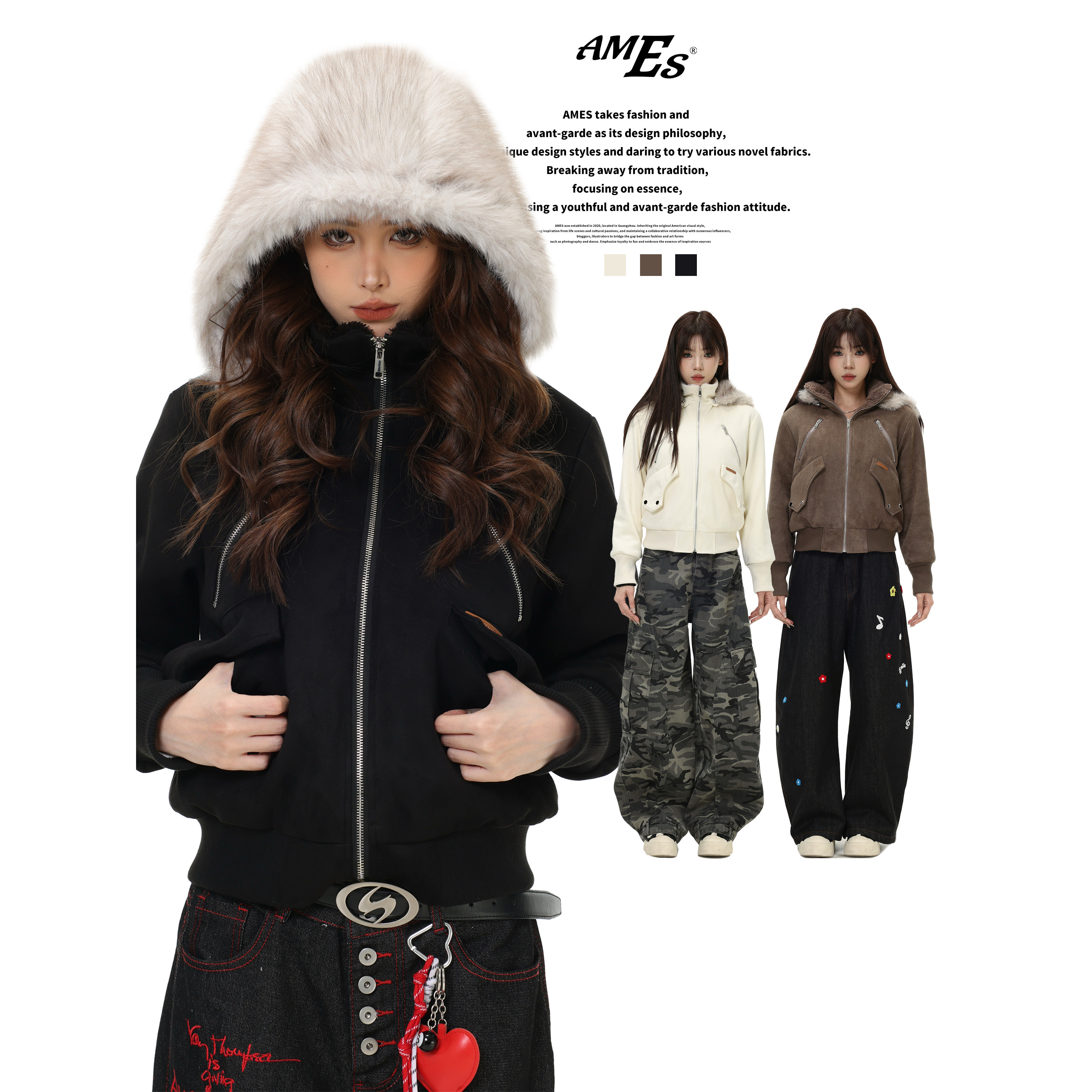 AMES工装毛领连帽棉服